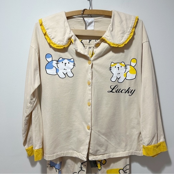 Gelato Pique Lucky Cat Ruffled Pajama Set Size XS Small Shirt and Pants Rare - Picture 2 of 16